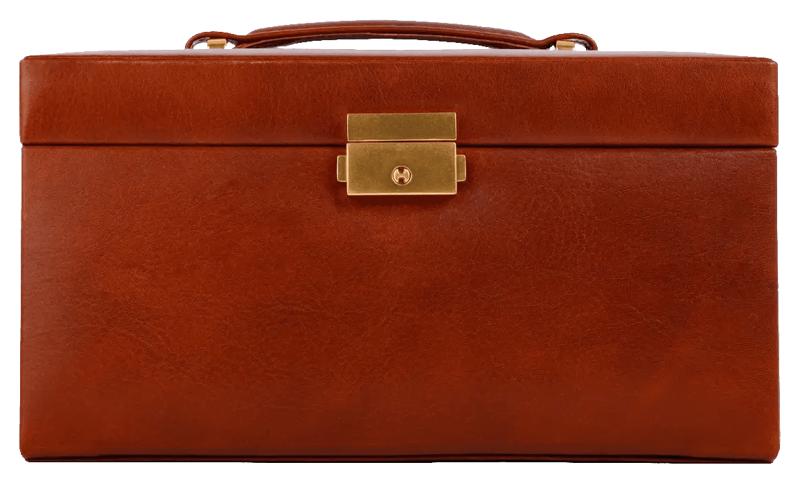La Toletta closed, cognac leather with a brass clasp.